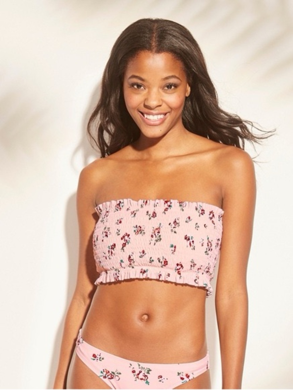 Pink Floral Smocked Strapless Crop Top